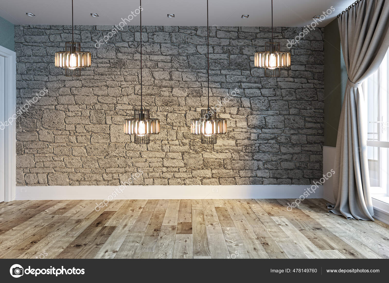 Modern Bright Empty Interior Design Stone Wall Wide Window Home Stock Photo  by ©Dsdesignstudio34 478149760