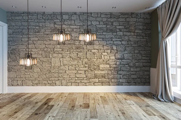 Moderno Diseño Interior Vacío Brillante Pared Piedra Amplia Ventana Para —  Fotos de Stock