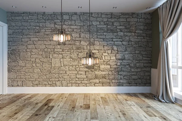 Moderno Diseño Interior Vacío Brillante Pared Piedra Amplia Ventana Para —  Fotos de Stock