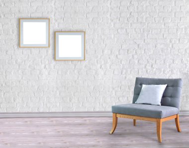 Boş oda ve gri koltuk iç tasarımı. 3B illüstrasyon