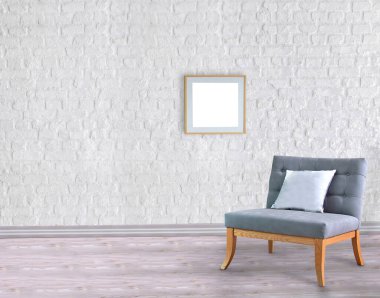 Boş oda ve gri koltuk iç tasarımı. 3B illüstrasyon