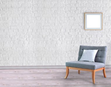 Boş oda ve gri koltuk iç tasarımı. 3B illüstrasyon