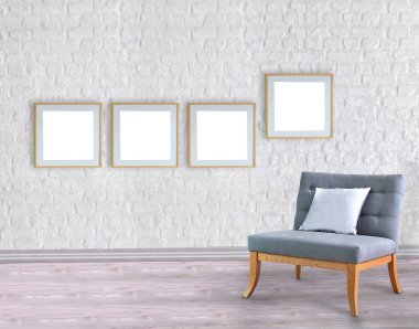 Boş oda ve gri koltuk iç tasarımı. 3B illüstrasyon