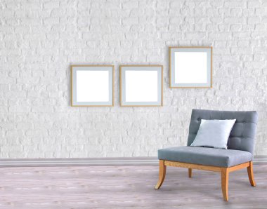 Boş oda ve gri koltuk iç tasarımı. 3B illüstrasyon