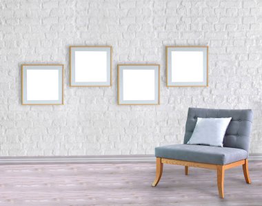 Boş oda ve gri koltuk iç tasarımı. 3B illüstrasyon