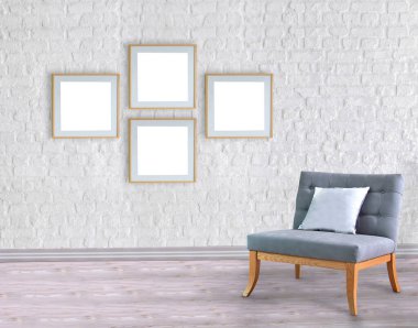 Boş oda ve gri koltuk iç tasarımı. 3B illüstrasyon