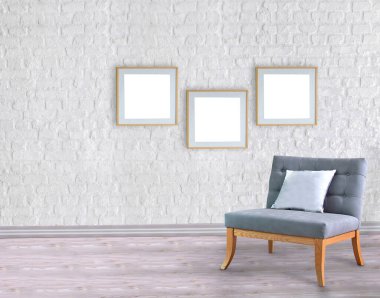 Boş oda ve gri koltuk iç tasarımı. 3B illüstrasyon