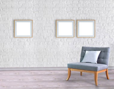 Boş oda ve gri koltuk iç tasarımı. 3B illüstrasyon