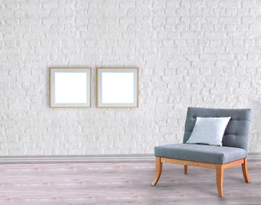 Boş oda ve gri koltuk iç tasarımı. 3B illüstrasyon