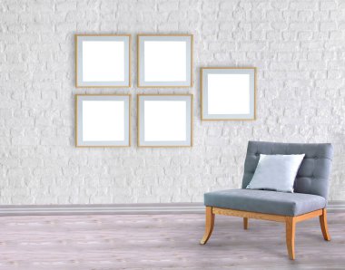 Boş oda ve gri koltuk iç tasarımı. 3B illüstrasyon