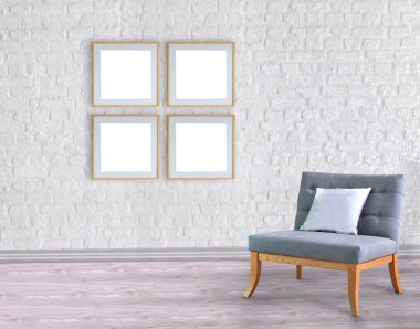 Boş oda ve gri koltuk iç tasarımı. 3B illüstrasyon