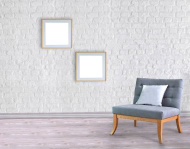 Boş oda ve gri koltuk iç tasarımı. 3B illüstrasyon