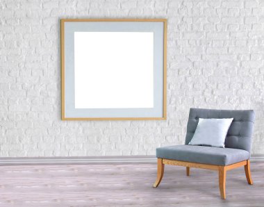 Boş oda ve gri koltuk iç tasarımı. 3B illüstrasyon