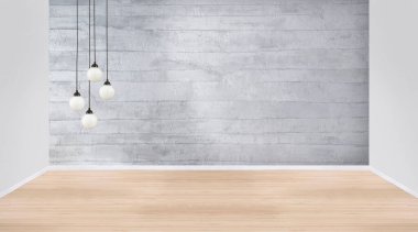 Boş oda ve iç tasarım, asılı lamba. 3B illüstrasyon