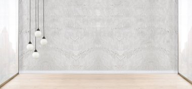 Boş oda ve iç tasarım, asılı lamba. 3B illüstrasyon