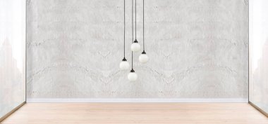 Boş oda ve iç tasarım, asılı lamba. 3B illüstrasyon