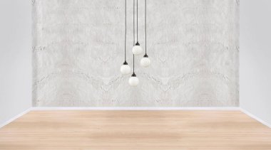 Boş oda ve iç tasarım, asılı lamba. 3B illüstrasyon