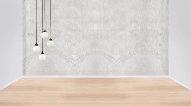 Boş oda ve iç tasarım, asılı lamba. 3B illüstrasyon