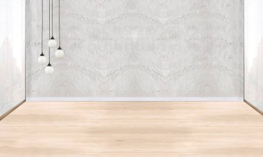 Boş oda ve iç tasarım, asılı lamba. 3B illüstrasyon