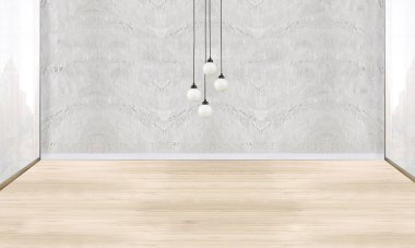 Boş oda ve iç tasarım, asılı lamba. 3B illüstrasyon