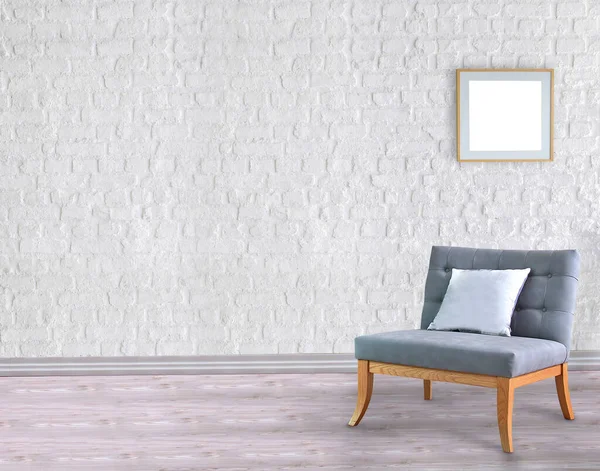 Boş oda ve gri koltuk iç tasarımı. 3B illüstrasyon