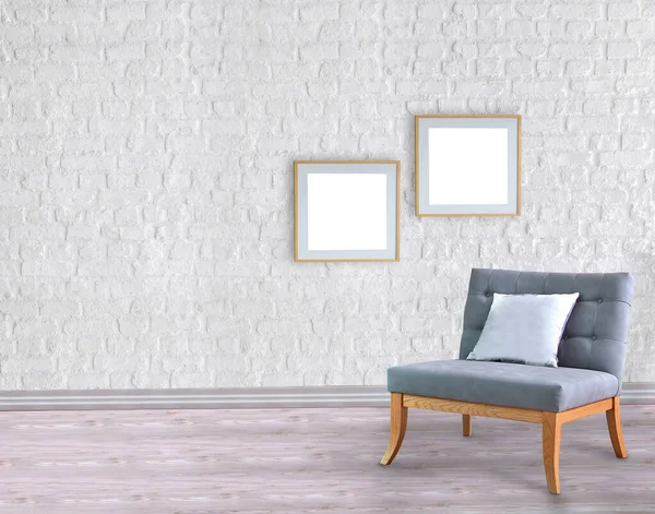 Boş oda ve gri koltuk iç tasarımı. 3B illüstrasyon