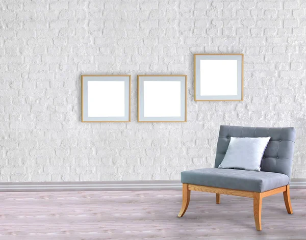 Boş oda ve gri koltuk iç tasarımı. 3B illüstrasyon