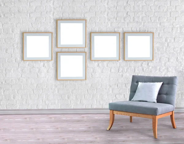 Boş oda ve gri koltuk iç tasarımı. 3B illüstrasyon