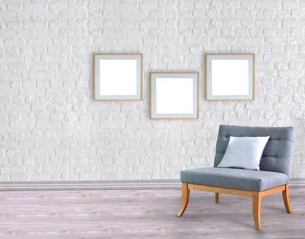 Boş oda ve gri koltuk iç tasarımı. 3B illüstrasyon