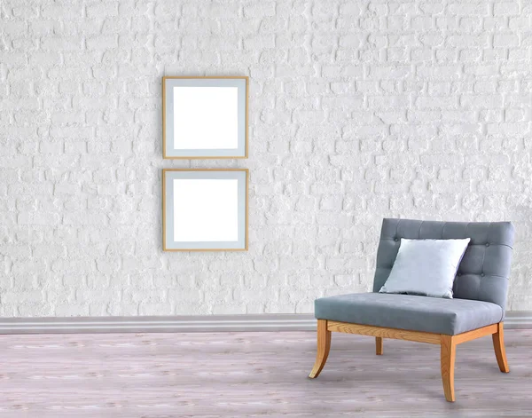 Boş oda ve gri koltuk iç tasarımı. 3B illüstrasyon