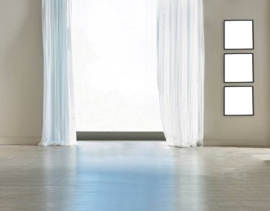 Beton duvarlı, ahşap zeminli, geniş pencereli boş bir oda