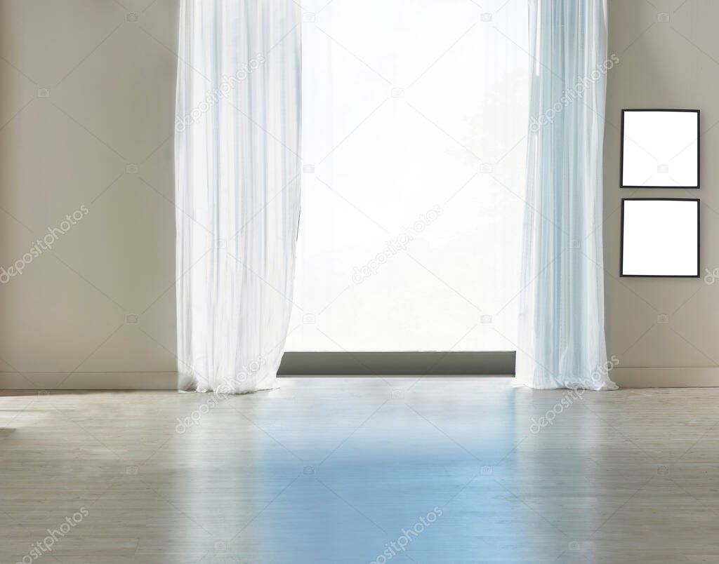 empty room with concrete wall and wooden floors, wide window