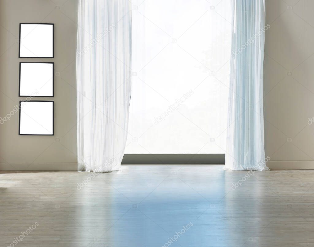 empty room with concrete wall and wooden floors, wide window