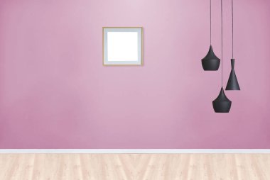 Boş oturma odası dekorasyonu modern lamba ve ahşap zemin, taş duvar konsepti. Ev, ofis, otel için dekoratif arka plan. 3B illüstrasyon