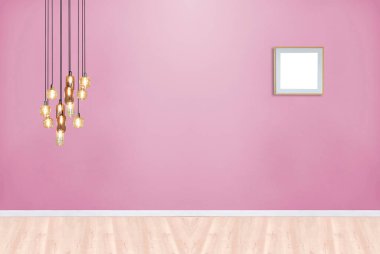 Boş oturma odası dekorasyonu modern lamba ve ahşap zemin, taş duvar konsepti. Ev, ofis, otel için dekoratif arka plan. 3B illüstrasyon