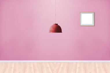 Boş oturma odası dekorasyonu modern lamba ve ahşap zemin, taş duvar konsepti. Ev, ofis, otel için dekoratif arka plan. 3B illüstrasyon