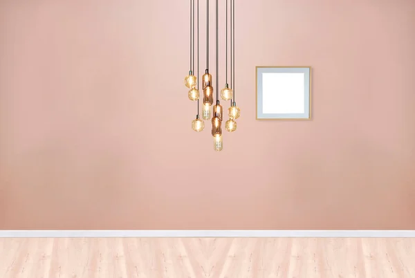 Soggiorno Vuoto Decorazione Interni Lampada Moderna Pavimento Legno Concetto Muro — Foto Stock