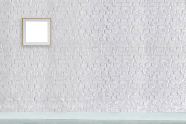 Dekoratif tuğla duvar, boş çerçeve ve iç tasarım. ahşap zemin