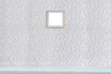 Dekoratif tuğla duvar, boş çerçeve ve iç tasarım. ahşap zemin