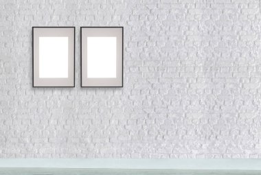 Dekoratif tuğla duvar, boş çerçeve ve iç tasarım. ahşap zemin