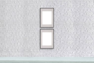 Dekoratif tuğla duvar, boş çerçeve ve iç tasarım. ahşap zemin