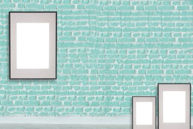 Yeşil dekoratif tuğla duvar, boş çerçeve ve iç tasarım. ahşap zemin