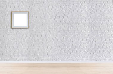 Yeni boş oturma odası iç dekorasyon ahşap zemin, taş duvar konsepti. Ev, ofis ve otel için dekoratif arka plan. 3B illüstrasyon