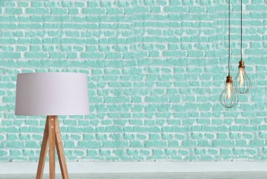 new green stone wall, interior design for home, office, hotel and bedroom, modern lamp