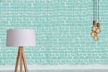 new green stone wall, interior design for home, office, hotel and bedroom, modern lamp