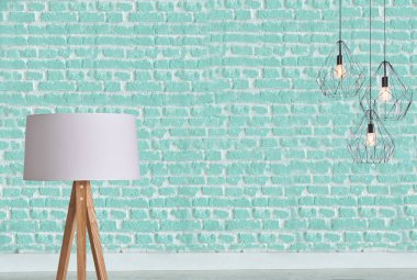 new green stone wall, interior design for home, office, hotel and bedroom, modern lamp