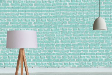 new green stone wall, interior design for home, office, hotel and bedroom, modern lamp