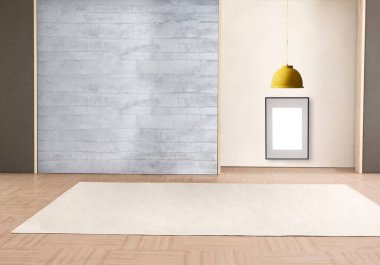 Boş oturma odası dekorasyonu modern lamba ve ahşap zemin, taş duvar konsepti. Ev, ofis, otel için dekoratif arka plan