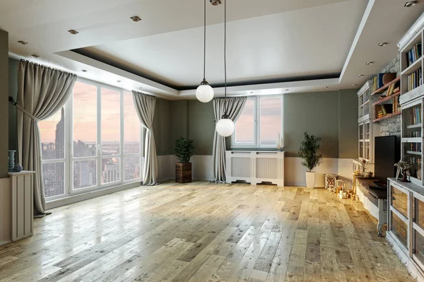 Empty Interior Design Living Room Balcony Large Windows — Fotografia de Stock