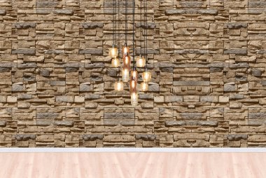 Boş oda içi beton duvar ve ahşap zemin, modern lamba.